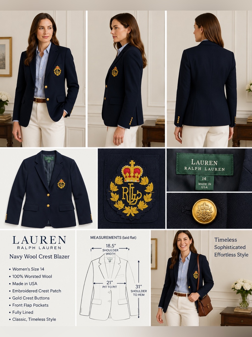 Lauren Ralph Lauren Women's Navy Wool Crest Blazer Jacket Gold Buttons Size 14